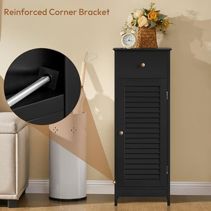 Yaheetech Small Bathroom Storage Cabinet with Drawer & Louvered Door, Black | Slim Free Standing Floor Cabinet Organizer by a Pedestal Sink or Toilet, Hides Tissue and Towels, Shelf inside, MDF Build