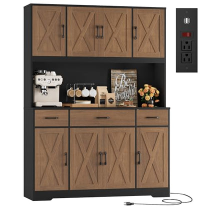 HOSTACK 71" Tall Kitchen Pantry Cabinet, 55" W Kitchen Hutch, Brown/Black | Large Pantry Cabinet with Charging Station / Countertop / 3 Drawers, Farmhouse Hutch Cabinet with Storage for Dining Room - color: Brown/Black