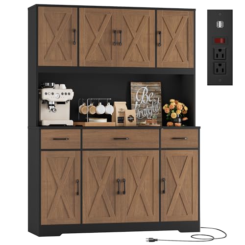 HOSTACK 71" Tall Kitchen Pantry Cabinet, 55" W Kitchen Hutch, Brown/Black | Large Pantry Cabinet with Charging Station / Countertop / 3 Drawers, Farmhouse Hutch Cabinet with Storage for Dining Room - color: Brown/Black