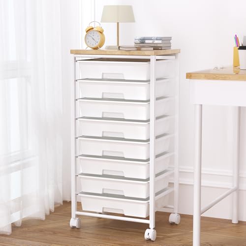 Rolling Cart with 8 Drawers, Storage Drawers Cart with Wooden Tabletop and Lockable Wheels, Craft Storage for Living Room, Office, Classroom, Craft Room, Bedroom - color: White