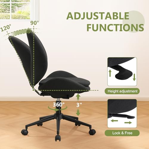 Armless Office Chair with Wheels, Luxury Chenille Swivel Desk Chair with Ergonomic Curved Teardrop Back, Double-Layer Seat, Adjustable Modern Vanity Chair for Makeup, Home Office, Black - color: Black, size: Teardrop Back
