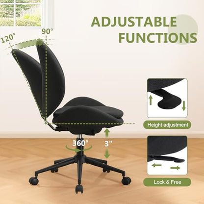 Armless Office Chair with Wheels, Luxury Chenille Swivel Desk Chair with Ergonomic Curved Teardrop Back, Double-Layer Seat, Adjustable Modern Vanity Chair for Makeup, Home Office, Black - color: Black, size: Teardrop Back