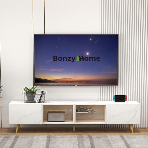 Bonzy Home 86" LED TV Stand, Modern Entertainment Center, White Marble | Long Television Table for TV up to 75" 80" 85", Media Console with Storage Cabinets for Living Room - color: Faux Marble White