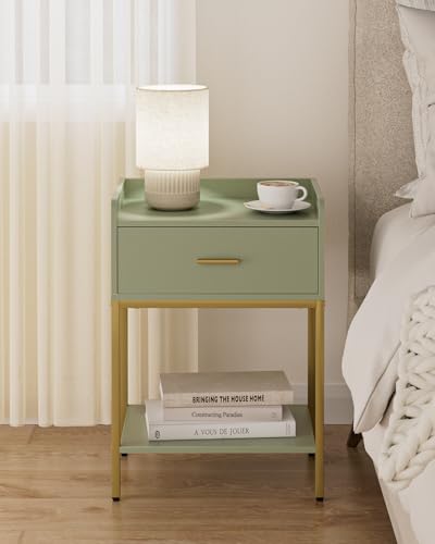 Masupu Nightstand,Bedside Table 3-Tier Modern Night Stand with Storage Drawer and Shelf,Small End Side Table for Bedroom,Living Room,Black (Without Outlet, Green) - color: Green