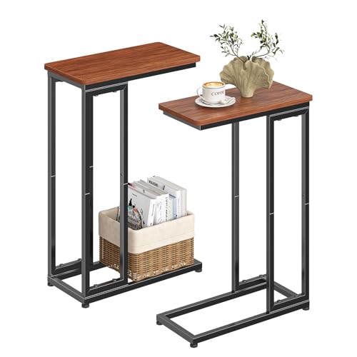 Ekisemio C-Shaped End Table Set of 2, Slide Under Sofa Side Table with Metal Frame, Rustic Brown for Living Room, Home Office, Small Spaces