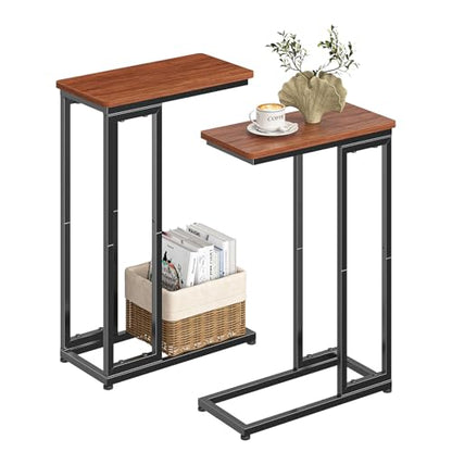 Ekisemio C-Shaped End Table Set of 2, Slide Under Sofa Side Table with Metal Frame, Rustic Brown for Living Room, Home Office, Small Spaces