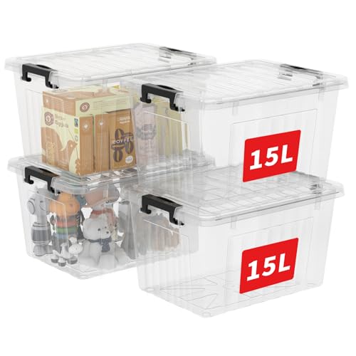 Cetomo 18Qt*4 Plastic Storage Bins, Storage Box, 4 Pack, Organizing Container with Durable Lids and Secure Latching Buckles, Stackable and Nestable, Clear with Black Buckle - size: 15L*4