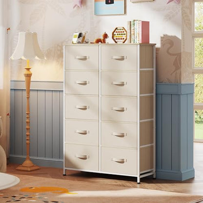 WLIVE Tall Dresser for Bedroom with 10 Fabric Drawers, Cream White | 10 Drawers, Fabric Dresser for Closet, Storage Tower with Cabinet, Metal Frame - color: Cream White