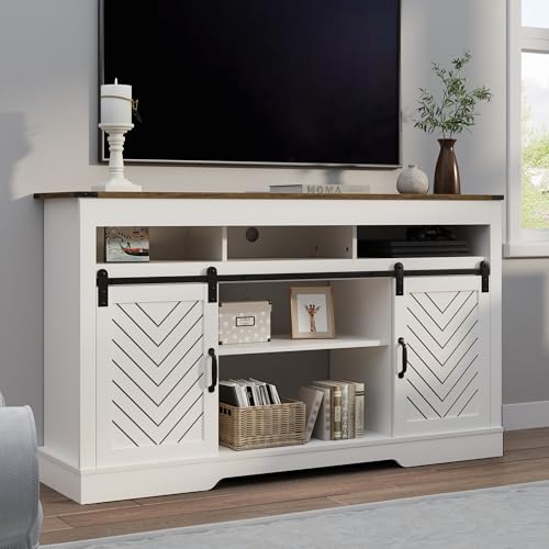 RoyalCraft Farmhouse TV Stand for 23" Electric Fireplace, Tall Entertainment Center for 65+ Inch TV, 34" Tall Rustic TV Console with Sliding Bar Door for Living Room, Wood-Tone and White - color: White and Rustic Oak1, style: Without Fireplace