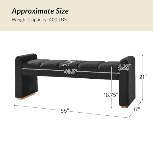 55" Upholstered End of Bed Bench with Rubber Wood Legs,Entryway Ottoman with Thick Padded Cushion for Bedroom and Living Room，Black - color: Black