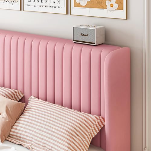 SHA CERLIN Queen Size Velvet Bed Frame, Tufted Wingback Headboard, Pink | 47'' Modern Vertical Channel Headboard, Upholstered Platform Bed, Wood Slats, No Box Spring Needed, Easy Assembly, Noise Free - color: Pink, size: Queen