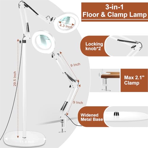 LANCOSC 15X Magnifying Glass with Light and Stand, 3-in-1 Adjustable Swing Floor Lamp, 5 Color Modes Stepless Dimmable, LED Lighted Hands Free Magnifier & Clamp for Reading, Crafts, Painting - White - color: White