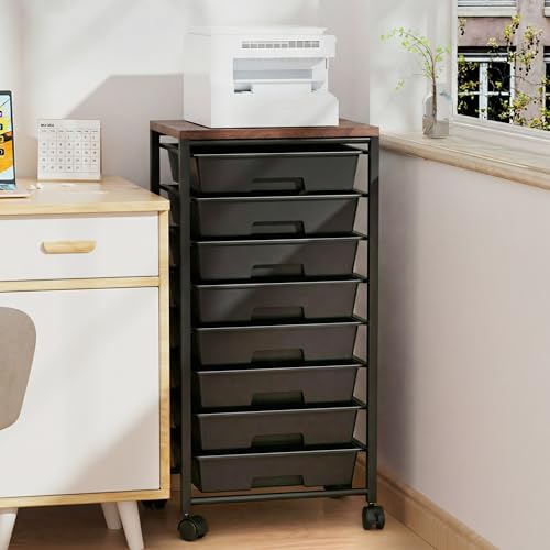 Rolling Cart with 8 Drawers, Storage Drawers Cart with Wooden Tabletop and Lockable Wheels, Craft Storage for Living Room, Office, Classroom, Craft Room, Bedroom (Black) - color: Black