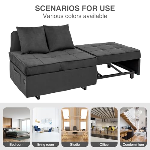 Convertible Sofa Bed 4-in-1 Pull Out Couch, Ottoman Bed Sleeper, Dark Grey | Velvet Love seat Couch Sleeper Chair Bed with USB Ports, 5 Adjustable Backrest and Pillow for Living Room Apartment Office - color: Grey