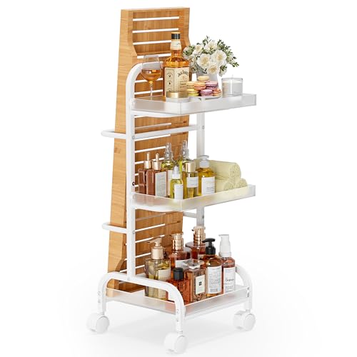 Bathroom Cart with Bathtub Tray Holder, Bathroom Organizers and Storage, Small Slim Shelf Organizer with Bath Tub Caddy Rack, 3 Tier Narrow Skinny Acrylic Rolling Cart for Laundry Room Living Room