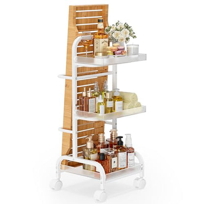 Bathroom Cart with Bathtub Tray Holder, Bathroom Organizers and Storage, Small Slim Shelf Organizer with Bath Tub Caddy Rack, 3 Tier Narrow Skinny Acrylic Rolling Cart for Laundry Room Living Room