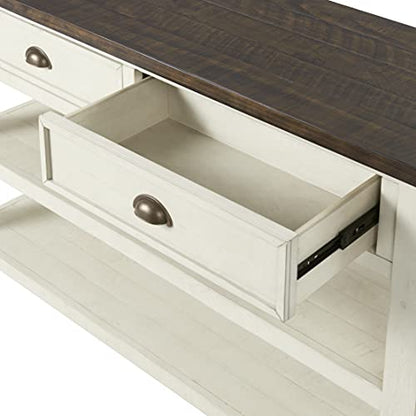 Martin Svensson Home Monterey Solid Wood Sofa Console Table, Cream & Brown | Farmhouse Style, Pine Wood, Two Drawers, Two Open Shelves for Storage - color: Cream White With Brown Top