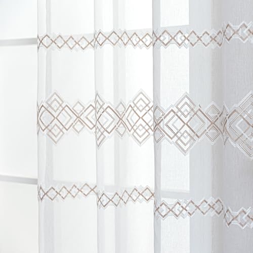 SLEEP ZONE Sheer Curtains for Living Room and Bedroom, Embroidered Sheer Curtains White Sheer Curtain 42 × 72 inches Long of 2 Panels, Off-White Lattice - color: White Lattice, size: 42"W×72"L