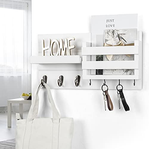 Lwenki Mail Organizer for Wall Mount – Key Holder with Shelf Includes Letter Holder and Hooks for Coats, Dog Leashes – Rustic Wood with Flush Mounting Hardware (16.5” x 8.7” x 3.5”) - color: White