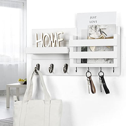 Lwenki Mail Organizer for Wall Mount – Key Holder with Shelf Includes Letter Holder and Hooks for Coats, Dog Leashes – Rustic Wood with Flush Mounting Hardware (16.5” x 8.7” x 3.5”) - color: White