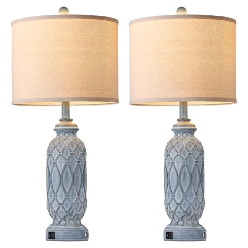 Farmhouse Lamps for Bedroom Set of 2, 28" Rustic Lamps for Living Room with USB Ports, 3-Way Dimmable Nightstand Table Lamp (Bulbs Included) - color: 3.Blue
