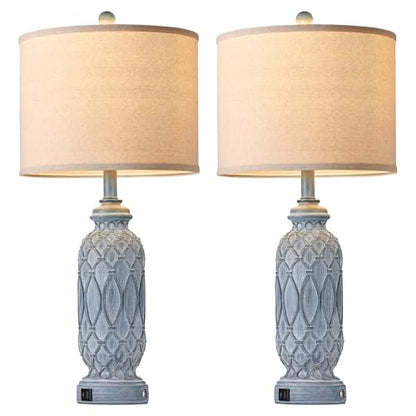 Farmhouse Lamps for Bedroom Set of 2, 28" Rustic Lamps for Living Room with USB Ports, 3-Way Dimmable Nightstand Table Lamp (Bulbs Included) - color: 3.Blue