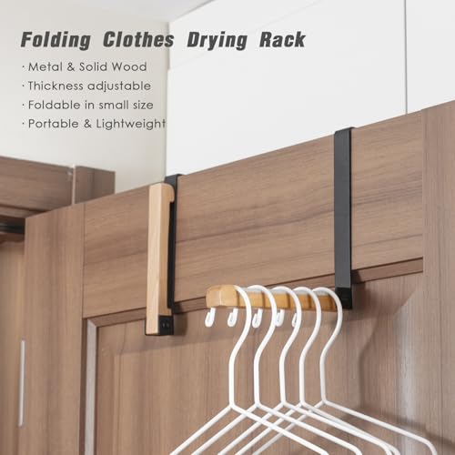 2 Pack Folding Clothes Drying Rack, Thickness Adjustable, Metal/Wooden, Portable, Lightweight, Heavy Duty, Over The Door Hooks for Laundry (Black) - color: Wood-black