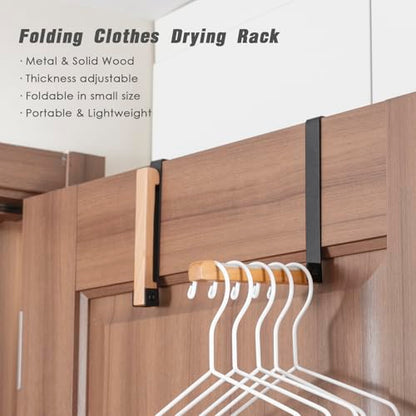 2 Pack Folding Clothes Drying Rack, Thickness Adjustable, Metal/Wooden, Portable, Lightweight, Heavy Duty, Over The Door Hooks for Laundry (Black) - color: Wood-black