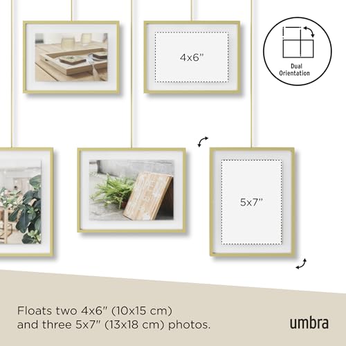 Umbra Exhibit Picture Frame Set, Adjustable Wall Mount, Set of 5, Brass | Steel construction, customizable layout, damage-free hanging, fits 4x6 and 5x7 photos, includes mounting hardware - size: Pack of 5