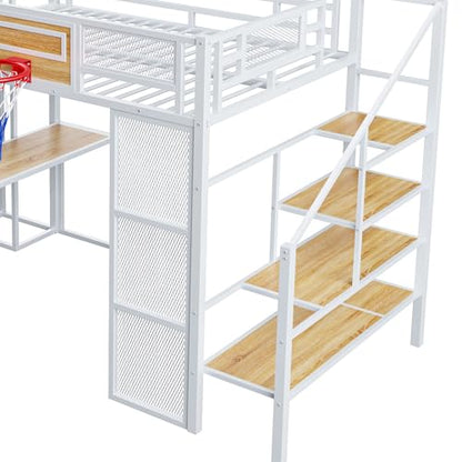 LUMISOL Full Size Loft Bed with Desk and Stairs, Heavy Duty Metal Loft Bed Frame with Storage Shelves and Basketball Hoop, Noise Free, No Box Spring Needed, White - color: White, size: Full with Slide