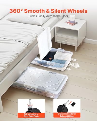 VEVOR Under Bed Storage with Wheels, 39.8 x 20.1 x 5.9 inch Underbed Containers, Underbed Shoes Organizer with Lid & Gray Latch, Rolling Under the Bed Storage Bins for Clothes Shoes Blankets, 2 Pack