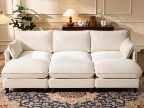 Ihanherry 105" Sleeper Sofa, Modular Sectional Cloud Couch with Oversized Large Cushions & 3 Movable Ottoman, Chenille Deep Seat Couch for Living Room, Beige - color: Beige Cream, size: 105“ 6 Seat Sleeper Sofa