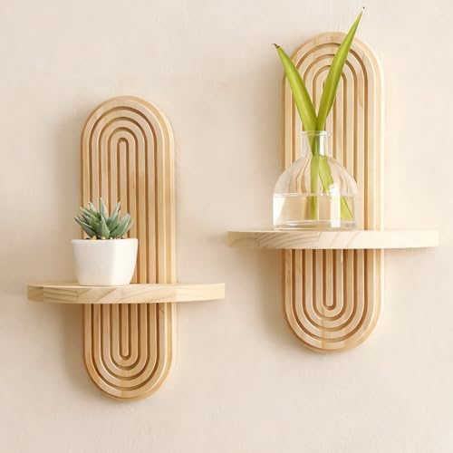 Artilady Boho Shelf Wall Decor, Solid Wood Floating Shelves Srorage Display | Rainbow Arch Trinket Shelf, Rustic Plant Crystal Candle Holder for Small Space, Modern Bedroom Bathroom Living Room Decor - color: 1 Beige