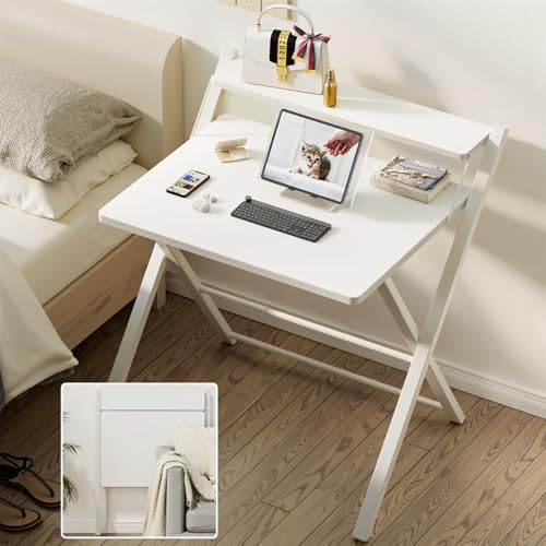 GreenForest Folding Desk No Assembly Required Large Size, 2-Tier Foldable Computer Desk with Shelf for Home Office, Space Saving Portable Laptop Study Foldable Table for Bedroom, White | Portable Foldable Table for Laptop, 2-Tier Compact with Shelf, Space