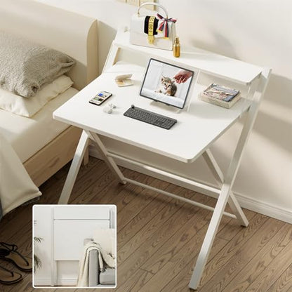 GreenForest Folding Desk No Assembly Required Large Size, 2-Tier Foldable Computer Desk with Shelf for Home Office, Space Saving Portable Laptop Study Foldable Table for Bedroom, White | Portable Foldable Table for Laptop, 2-Tier Compact with Shelf, Space