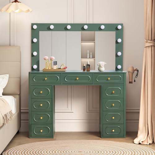 Fluted Vanity Desk with Mirror and Lights, Power Outlets, Modern Wood Vanity Desk Makeup Table with 11 Drawers, 3 Color Modes Dressing Table with Storage for Bedroom, Living Room, Green - style: Green
