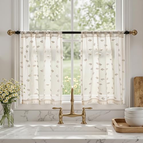 MYSKY HOME Beige Sheer Kitchen Curtains Over Sink 30 inch Length,2 Panels | Light Filtering Semi Sheer with Pom Pom,Short Tier Half Curtains for Cafe Small Window Decor, Rod Pocket,26Wx30L - color: 1-wood Beige, size: 26"W x 30"L (Pack of 2)