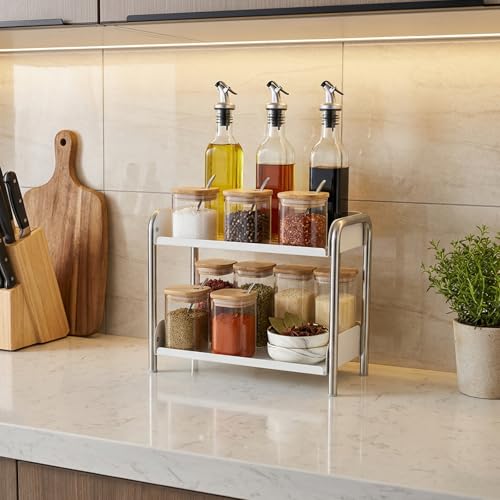 MOZIMABOX Cabinet Organizer Shelf, 2 Tier Kitchen Spice Rack Countertop Shelf Organizer, Stainless Steel Kitchen Storage Countertop Storage Shelf Container, (S, White) - size: S