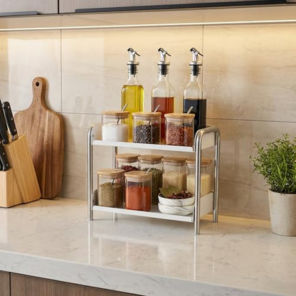 MOZIMABOX Cabinet Organizer Shelf, 2 Tier Kitchen Spice Rack Countertop Shelf Organizer, Stainless Steel Kitchen Storage Countertop Storage Shelf Container, (S, White) - size: S