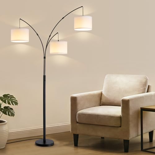 Netin 3 Light Arc Floor Lamps for Living Room, Large Floor Lamp with Remote Control, Modern 80" Tall Standing Lamp, 3 Color Temperature, Mid Century Tree Floor Lamp for Bedroom, Office - color: Matte Black-White Shade