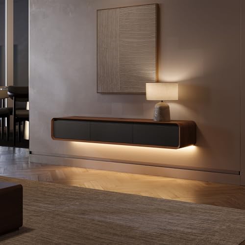 POVISON Fully Assembled Floating TV Stand with LED Lights, 63" Modern Wall-Mounted Media Console with 3 Flip-Down Cabinet Doors, Solid Wood Floating Entertainment Center for 55 Inch TV - color: Walnut & Black, size: 62.99"