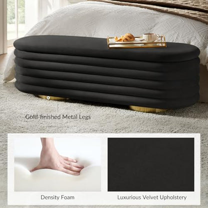 HULALA HOME Velvet Storage Bench, Large Upholstered Ottoman Bench with Button Tufted Design for Living Room, Bedroom, Entryway, or Window, Black - color: Black
