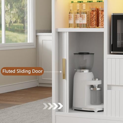 Kitchen Island with Storage, Island Table for Kitchen with Power | Outlet & LED Light, Rolling Buffet Cabinet with Sliding Door, 2 Drawers, Microwave Cart, Large Faux Marble Countertop, White - color: White