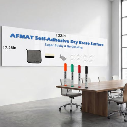 AFMAT White Board Sticker for Wall, 1.44x11ft Peel and Stick Whiteboard Wallpaper, Stain-Proof & Super Sticky Dry Erase Wall Decal, Dry Erase Contact Paper Roll for Table/Door, 4 Markers WS11E - size: 1.44x11ft