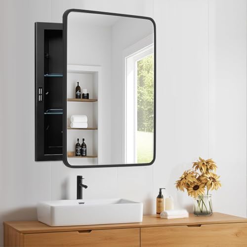 20x26 Medicine Cabinet with Mirror, Bathroom Storage Cabinet Mirror | Wall-Mounted or Recessed, Black Metal Frame, Adjustable Glass Shelves, Bathroom Vanity Mirror with Storage - size: 20"W x 26"H
