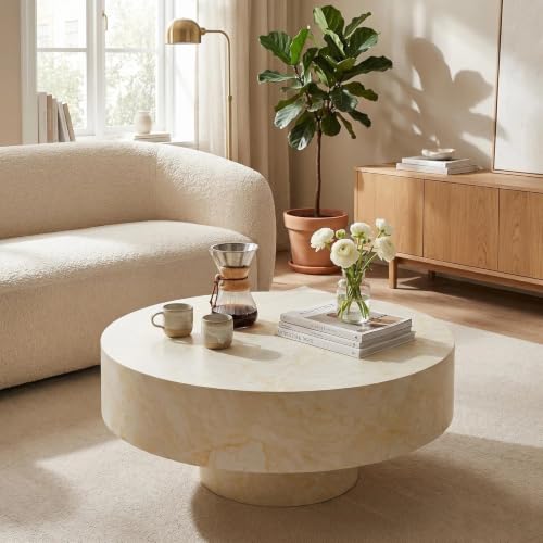 30.31" Modern Faux Marble Round Coffee Table for Living Room | Travertine Circle Coffee Table with Pedestal , Mid Century Modern Minimalist Center Tables for Apartment-Natural Wood MDF - color: Natural Travertine, size: 31.5''Round