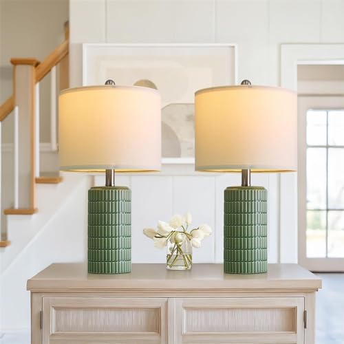 PoKat 20.75" Small Modern Ceramic Table Lamps Set of 2 for Bedroom, Green Bedside Lamps for Night Stands, Farmhouse House Decor Nightstand Table Lamps for Living Room End Table Green - color: 20.75'' Small - Dark Green