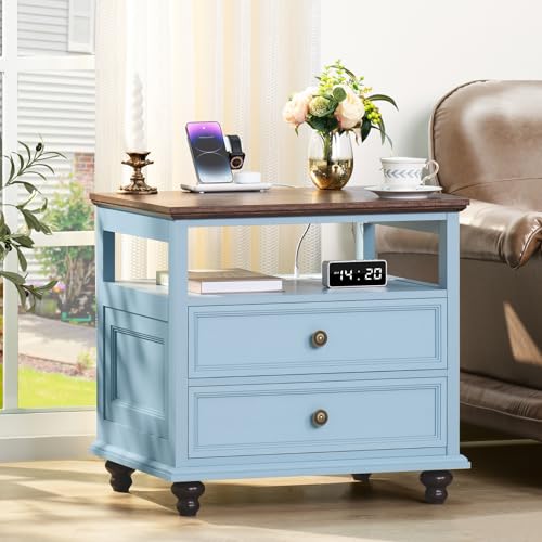 Joaxswe Farmhouse Nightstand with Charging Station, 24" Wide End Table with 2 Drawers, Light Blue Dresser for Bedroom,Wood Bed Side Table Chest of Drawers Cabinet,Night Stand for Living Room,Closet - color: Light Blue, size: 19.76"D x 24"W x 22.91"H (2 Dr