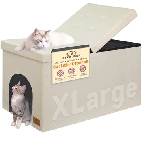 Zerbuger 3-in-1 Cat Litter Box Enclosure for Odor Control,Hidden Litter Box | Furniture Cabinet Ottoman With Flip-Up Lid,Multi-Functional Bench With Storage Footrest,Dog Proof (Cream, X-Large) - color: Cream, size: X-Large