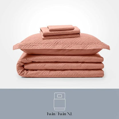 Clara Clark Quilts Twin Size - All Season Bedspread Coverlet Set, Pinsonic Weave Lightweight Bedding Set - 5 Piece Twin Quilt Set with Pillow Shams, Bali Blush - Twin Diamond - color: 30 – Bali Blush – Diamond, size: Twin